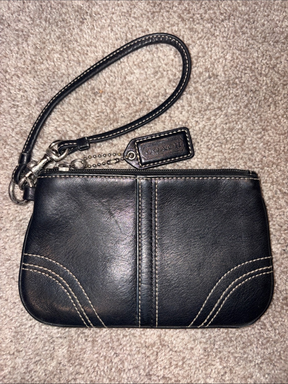 Coach Black Leather Wristlet with Contrast Stitching